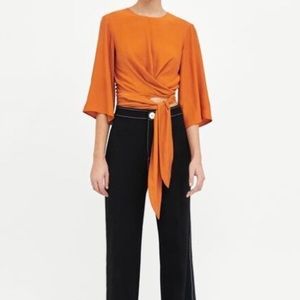 Zara Orange Wrap Tie Cropped Blouse